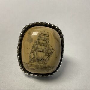 Scrimshaw Sterling Silver & Ivory Ring Vintage by Alaskan Silver